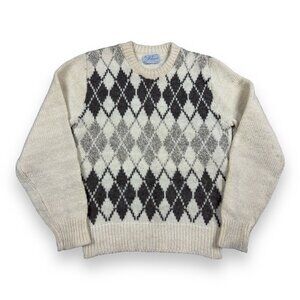 Vtg 50s 60s Pinnacle Beige Gray Argyle Wool Blend Sweater Made In USA Size S